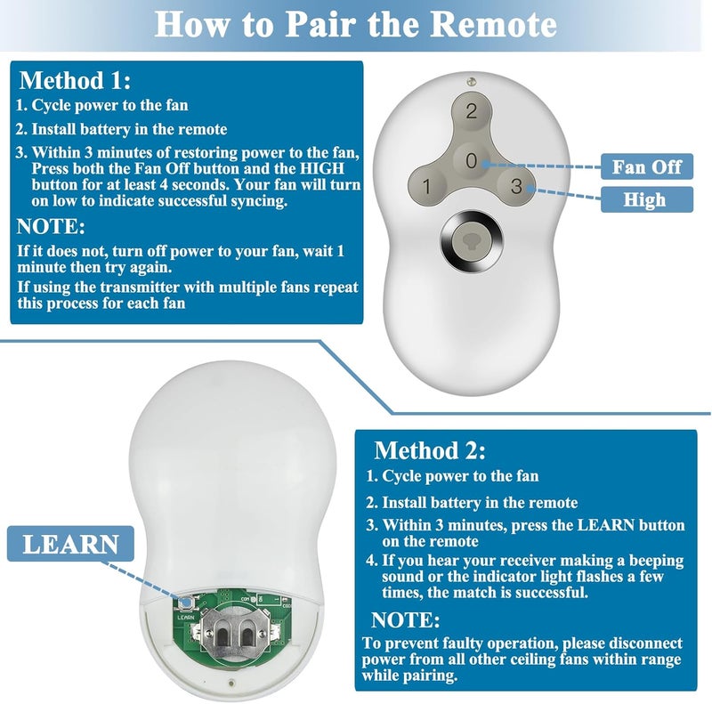 Onisamt Ceiling Fan Remote Control Replacement for Hunter, Compatible with Hunter Remote 99122/99123, 3 Speed, Light Dimmer, 434MHz, Easy to Set with Mount Holder, Remote only - Receiver Not Included - Image 3